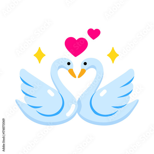 Flat style icon representing swans bird kissing 