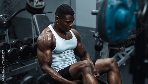 Strong Man Demonstrating Impressive Muscle Strength in Gym Workout Session