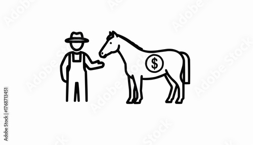 Cartoon farmer with a horse showcasing a dollar sign, symbolizing agriculture, investment, and wealth, originally a scalable vector graphic