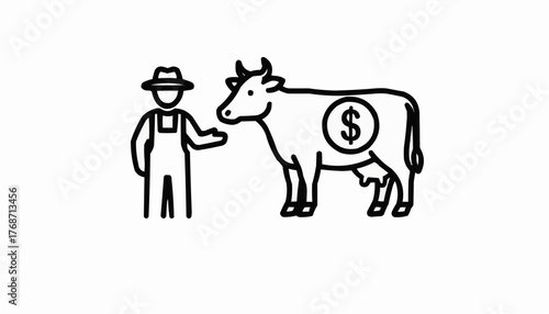 Line art farmer with cow graphic symbolizing agricultural finance and farm investment opportunities for agriculture business concept, scalable vector