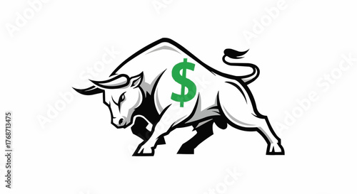 Powerful bull symbolizing financial strength and market growth with dollar sign, embodying bullish market trends for investment success and prosperity