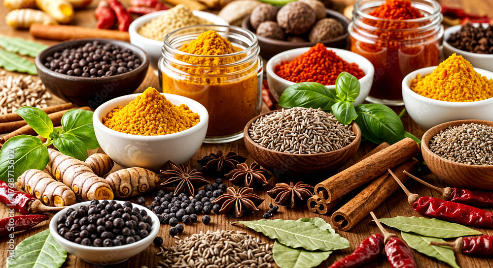 Fototapeta premium Colorful Assortment of Spices and Herbs on Wooden Surface Featuring Bowls of Ground Spices and Whole Aromatics 