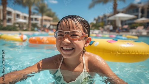 Child Enjoying Swimming and Playing in a Bright Pool on a Sunny Day With Colo...