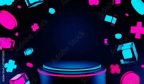 3d illustration rendering of y2k 2000s gaming technology futuristic fantasy metaverse cyberpunk sci-fi display podium pedestal stage room abstract background in neon-glow