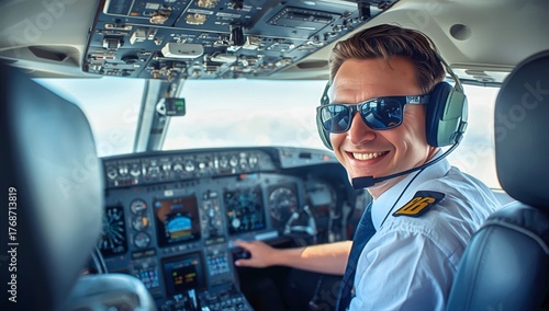 Pilot Smiles While Flying a Modern Aircraft in Sunny Weather