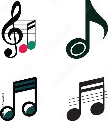 Musical notes and symbols displayed in a simple black and teal design