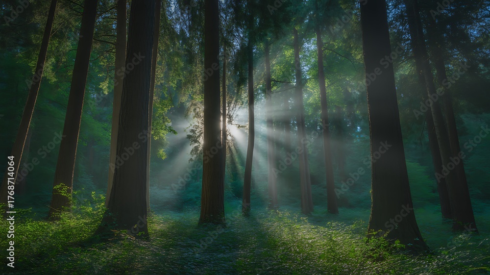 Obraz premium Sunlight streams through trees in a forest, creating a magical atmosphere