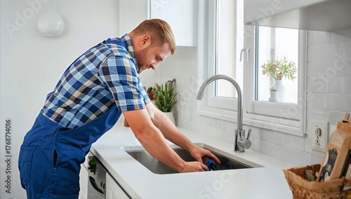 Man Cleaning Kitchen Sink in Bright Modern Home During Daytime