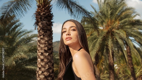 Scenic Portrait of a Woman Amidst Tropical Palm Trees at Sunset