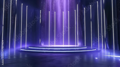 Abstract stage with violet neon beams in dark space, spotlights from above, falling confetti and glitter. Video for presentations and events.