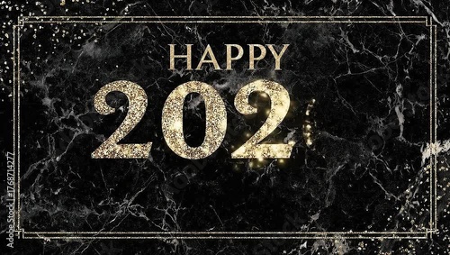 Happy 2026 New Year greeting on black marble with gold glitter animation