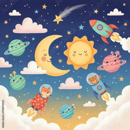 Cute Cartoon Space Adventure with Fox and Bear Astronauts, Planets, Smiling Sun, Moon, and Stars - Whimsical Kids Cosmic Sky Background