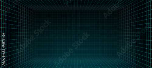 Blue grid lines forming a dimensional box structure. Futuristic immersive digital environment for data display or virtual reality background application.