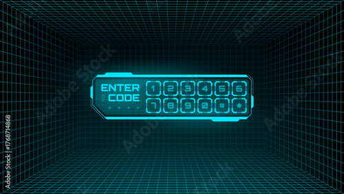 Enter code digital keypad with glow effect on grid background. Futuristic user interface element for security access and data entry.