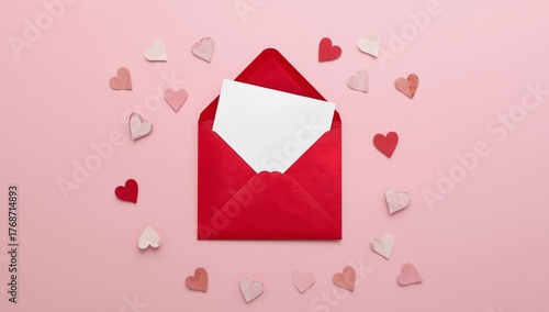 Decorative Red Envelope With Blank Letter Surrounded by Small Hearts on Pink ...