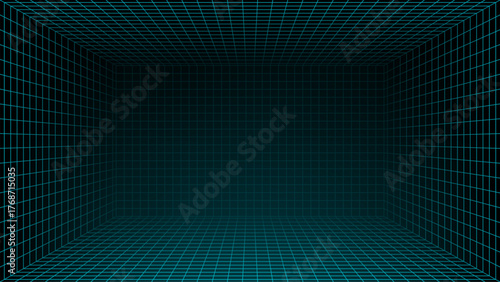 Futuristic grid lines forming a virtual room or tunnel. Digital hud background for technology, gaming, or sci-fi design with abstract geometric pattern.