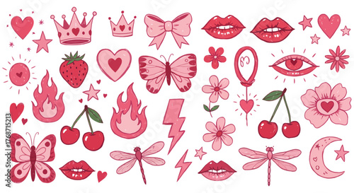 pink doodle elements collection cute hearts lips butterflies and flames for girly designs ideal for valentines day graphics and trendy stickers