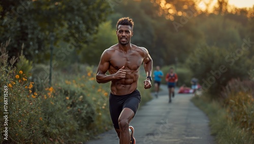 Man Runs Along a Pathway in a Park During Sunset With Other Runners in the Ba...