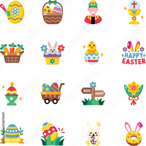 Pack of Easter Holiday Flat Style Icons 