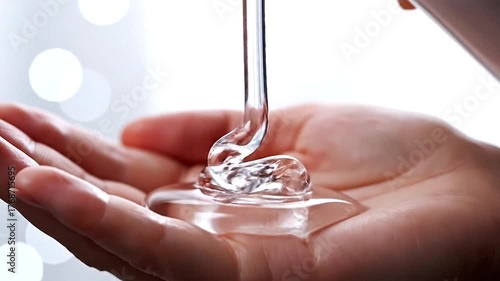 Clear liquid soap is squeezed, its thick viscosity captured in a single, perfect drizzle.