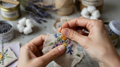 Hands embroidering floral design on fabric, with lavender and cotton background