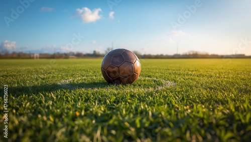 Soccer Ball Resting on Grassy Field Under Clear Blue Sky During Late Afternoon