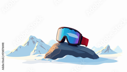 Ski goggles on rock with pink-blue gradient lens under sunlight and snowy peaks, concept of freedom and outdoor exploration