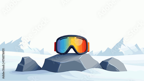 Ski goggles on rock with red reflective lens against snowy mountain background, concept of winter adventure and alpine sports