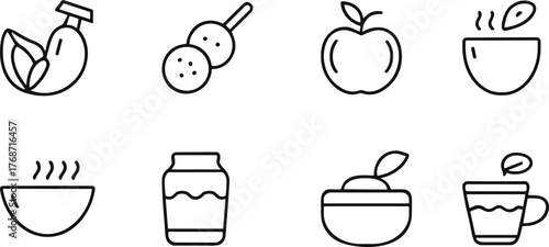 Simple Food and Drink Icon Set. Healthy Fruit, Japanese Snack, Hot Soup, and Tea Outline Symbols. Minimalist Linear Vector Pictogram Collection