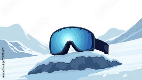 Ski goggles on rock with blue lens in overcast snowy mountain landscape, concept of endurance and extreme cold conditions