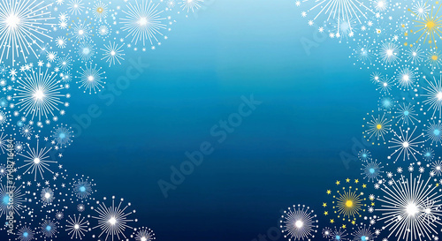 Festive Blue Gradient Background with Starburst Fireworks Border and Empty Center for Celebration or Greeting Design
