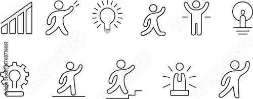 Simple line art icon set, person running, progress bar, creative idea, lightbulb, walking upstairs, human figure, alert siren, outline vector collection