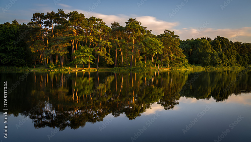 Obraz premium Golden hour light illuminates a peaceful forest perfectly reflected in a calm lake.