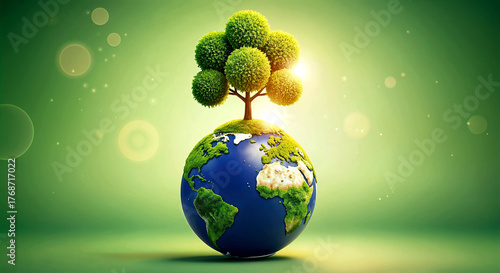 Earth with Thriving Tree on Top Against Green Gradient Background Symbolizing Sustainability and Environmental Harmony
