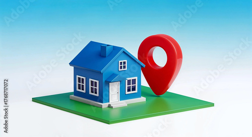 Blue House Model with Red Location Pin on Green Base Against Light Gradient Background Representing Home and Address
