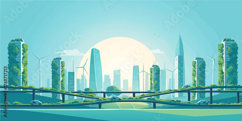 Sustainable futuristic urban landscape with smart buildings, solar panels, and electric transport