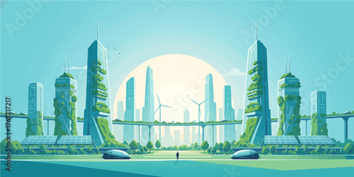Smart sustainable city skyline with renewable energy, electric vehicles, and green architecture