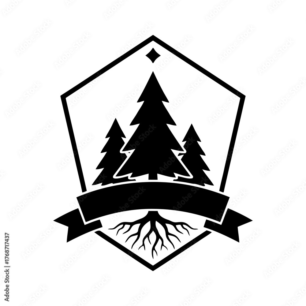 Fototapeta premium Vector art of pentagon badge with pine trees and roots design