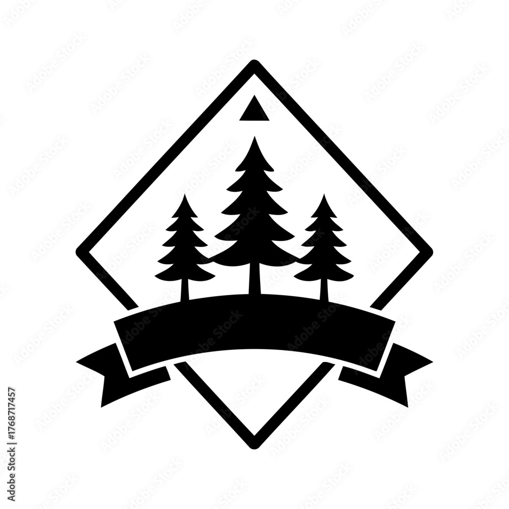 Obraz premium Vector art of three pine trees in a diamond frame, vector logo