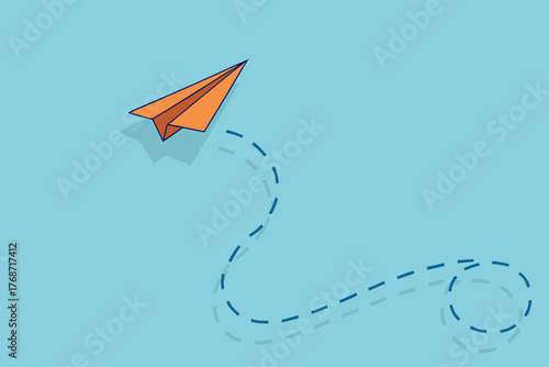 Single Orange Paper Plane with Abstract Flight Path on Blue Background
