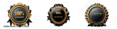 Three premium quality guarantee badges with 100 percent seal and ribbon detail isolated on transparent background