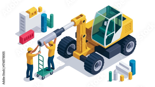 Construction workers using a large yellow crane machine to assemble industrial equipment on a white background