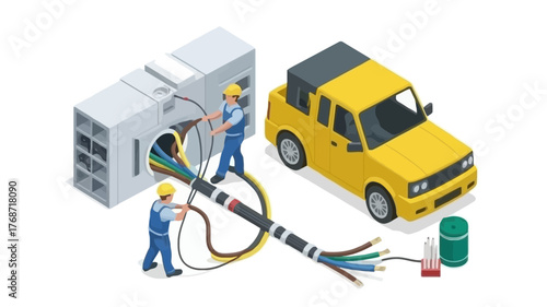 Two electricians working on car electrical system connecting wires to a large power distribution unit