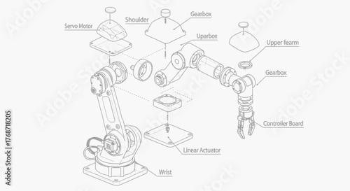 Detailed robotics engineering blueprint showing mechanical components, gears, joints, and actuators in precise technical line art.