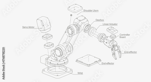 Detailed robotics engineering blueprint showing mechanical components, gears, joints, and actuators in precise technical line art.