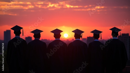 Graduates silhouetted at sunset, cityscape background; education, achievement
