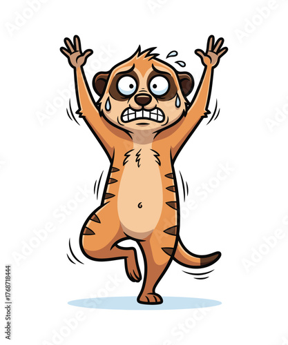 Scared Cartoon Meerkat with Arms Raised