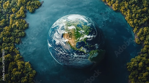 Earth surrounded by lush rainforest, aerial view, environmental conservation, website banner