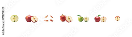 Collection of Various Sliced and Whole Apples Displayed Against a Black Background