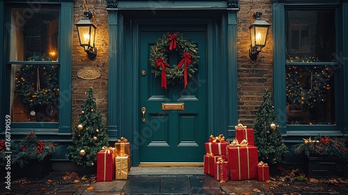 Festive Christmas Door, Gifts, London Townhouse. Holiday greeting card, website, or advertisement
